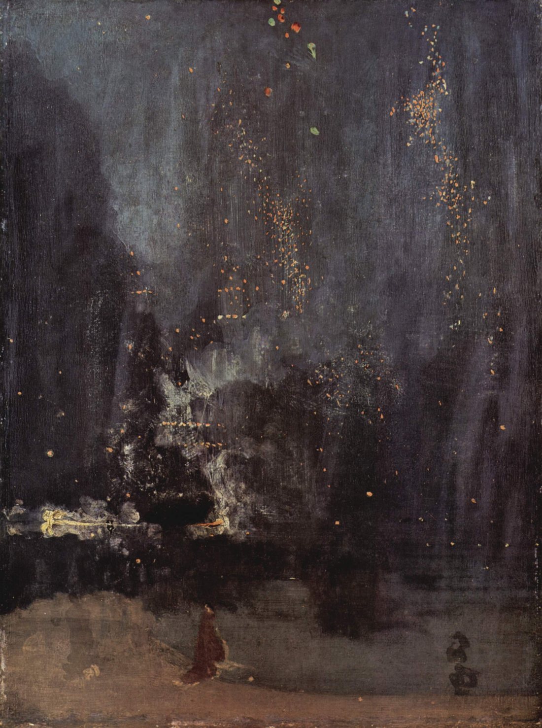 James McNeill Whistler, Nocturne in Black and Gold — The Falling Rocket: gold sparks drifting down through a smoky night sky over dark water and a few small figures